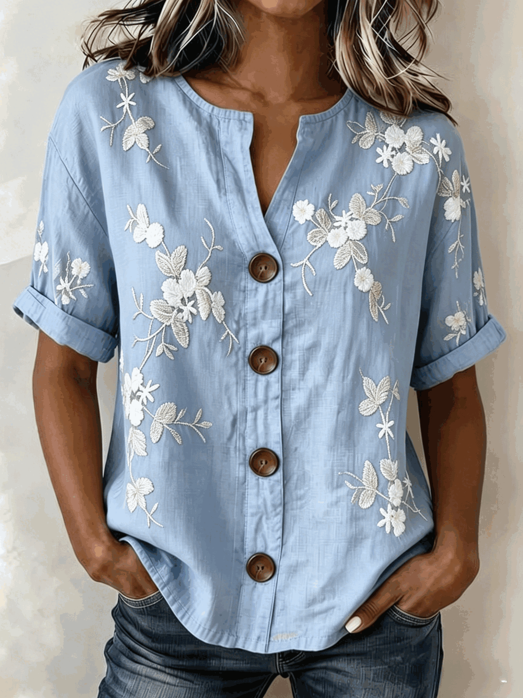 Linen Blend 3D Floral Print Henley Neck Button Front Roll Cuff Casual Blouse