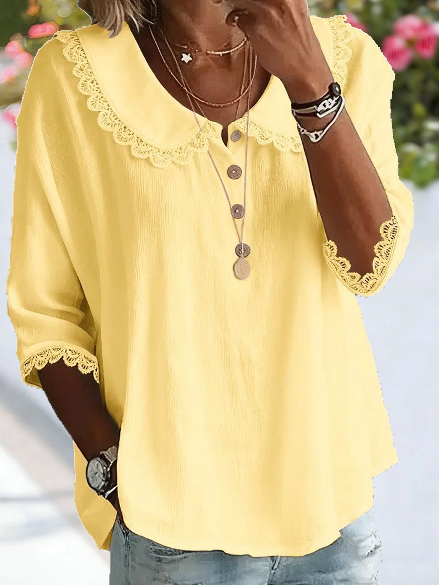 Casual Plain Short Sleeve Round Neck Button Lace Trim Summer Going Out Casual Blouse