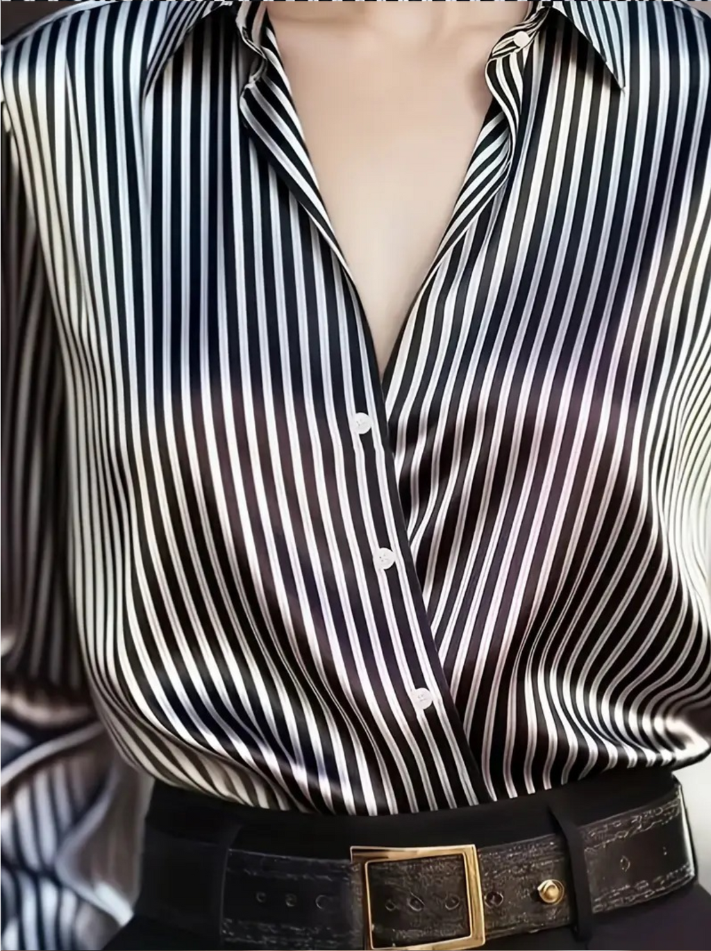 Vintage/Elegant Striped Long Sleeved Shawl Collar Shirt