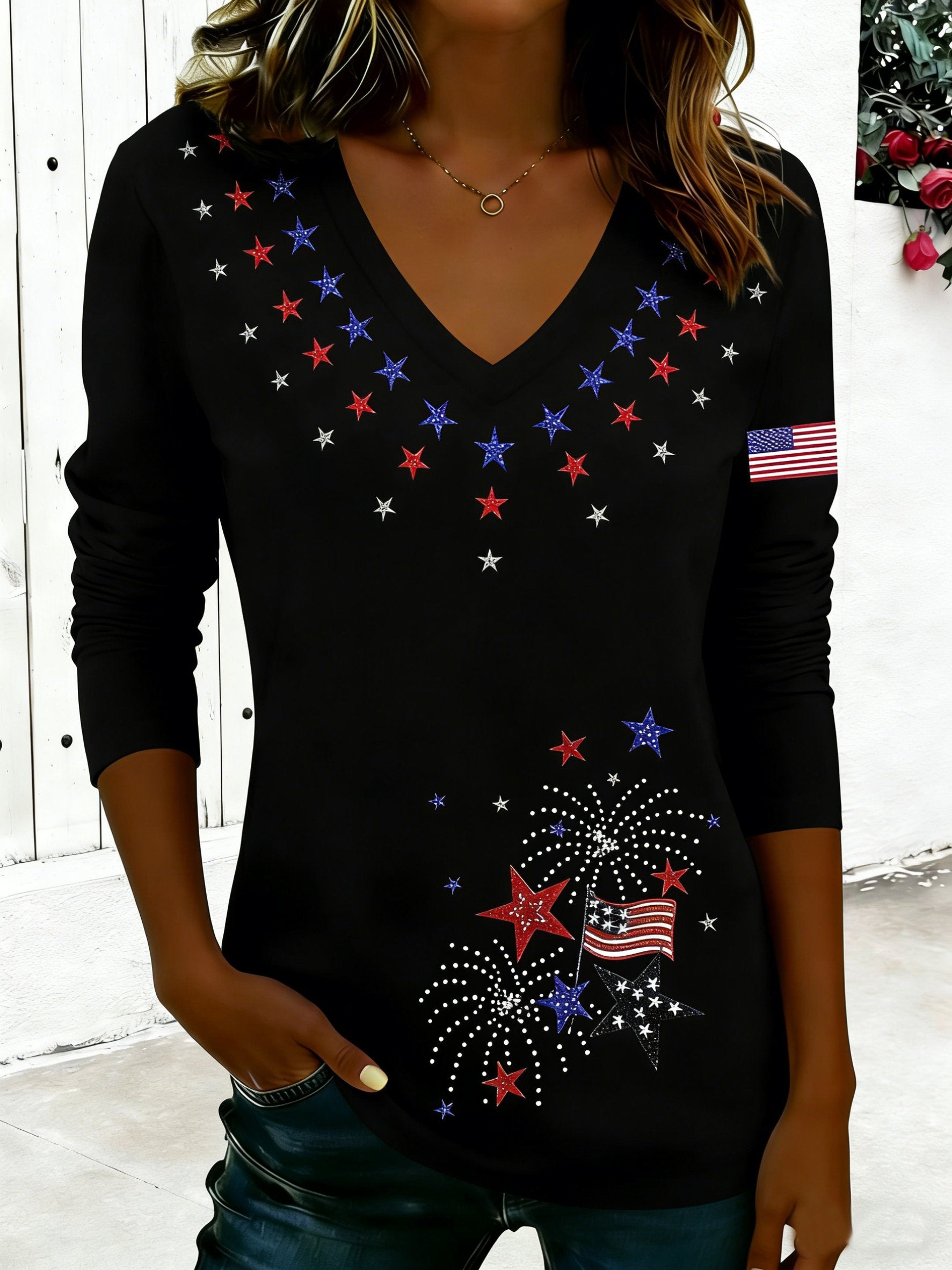 America Flag V Neck Casual Cotton T-Shirt
