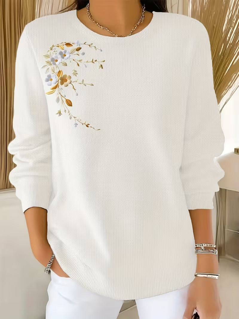 Simple Crew Neck Floral Printing Sweater