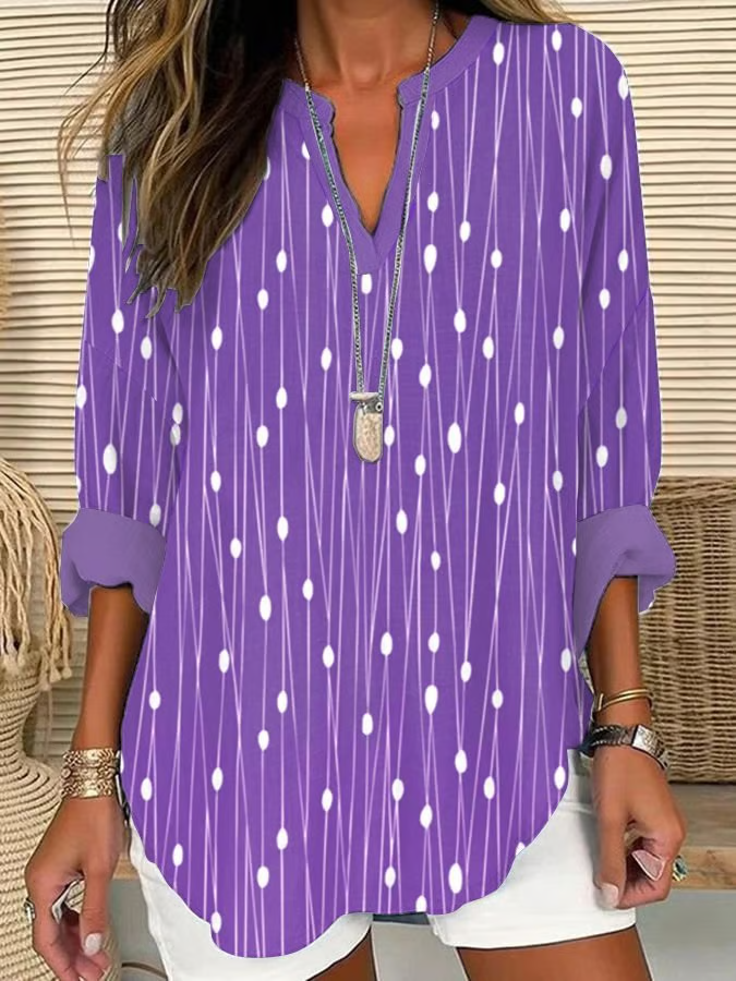 Women's Long Sleeve Blouse Spring/Fall Purple Abstract Printing Cotton-Blend V Neck Daily Going Out Casual Top