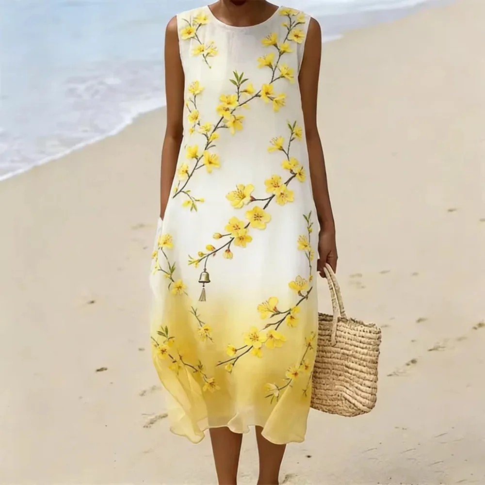 Japanese-style Forsythia And Wind Chime Art Gradient Cotton Linen Dress