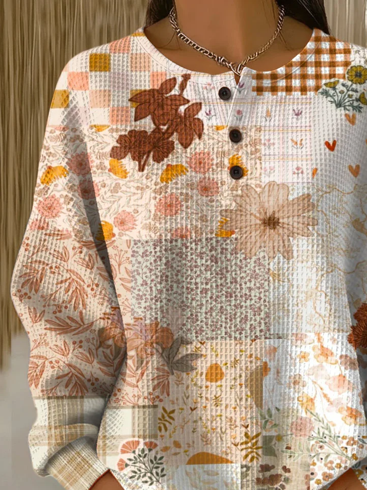 Women's Flowers Print Button-Up Casual Waffle Knit Sweatshirt