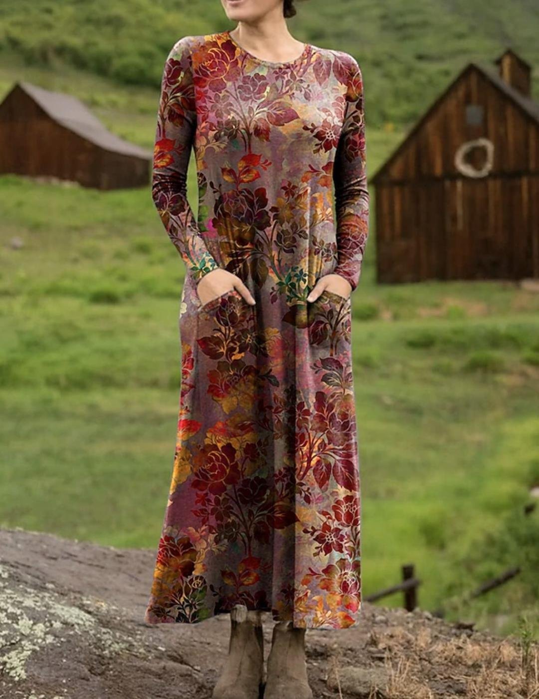 Women's Maxi T-shirt Dress Vacation Casual Bohemian Style Holiday Date Regular Fit Floral Pattern Geometric Long Sleeves Round U Neck