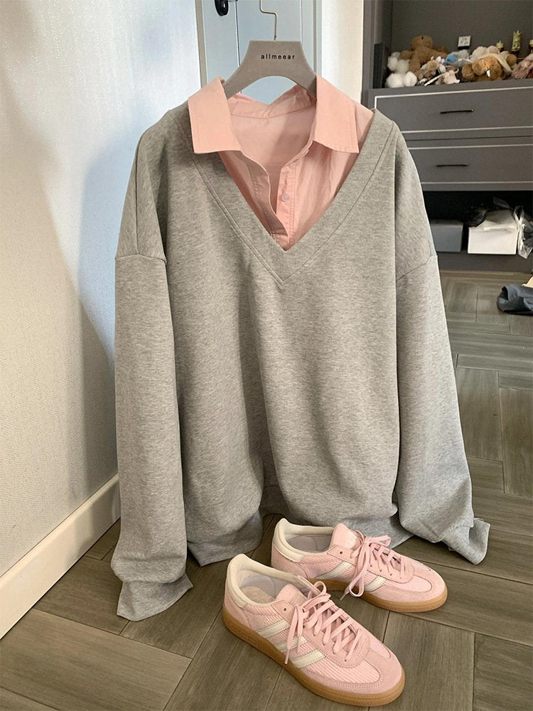 Casual Multicolor Block Shawl Collar Loose Sweatshirt