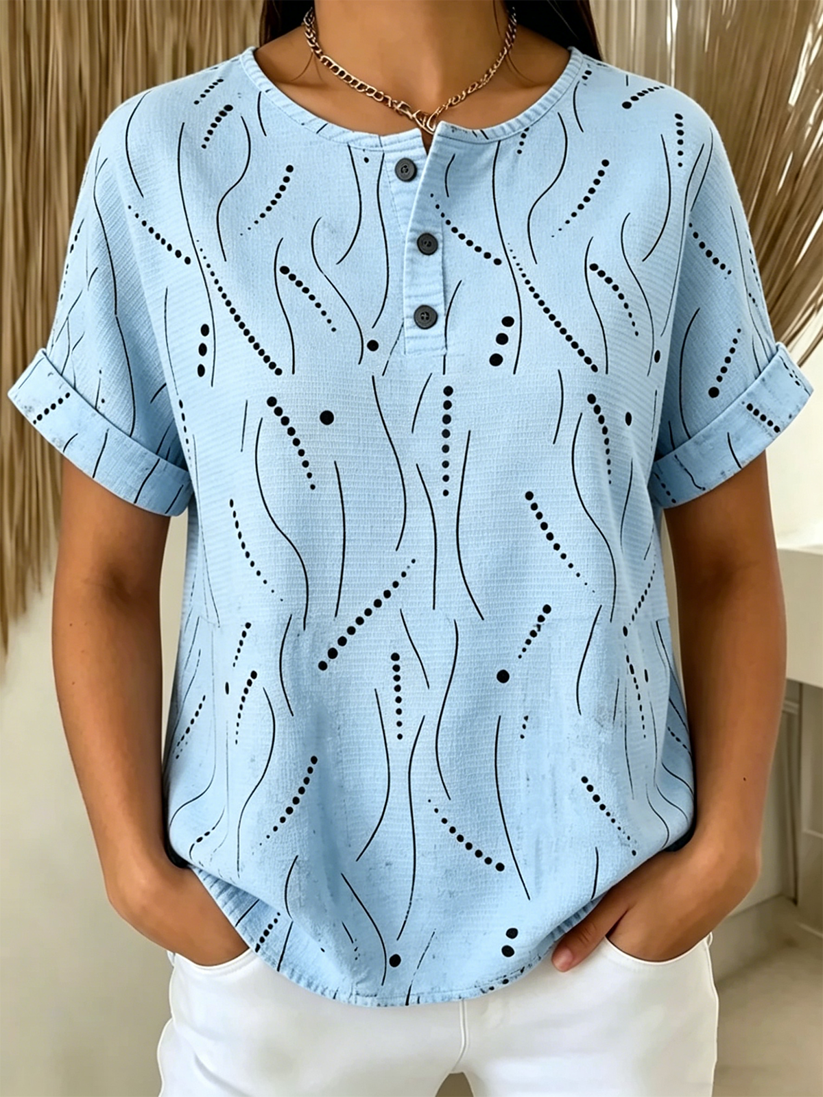 Women’s Abstract Line & Dot Print Henley Neck Short Sleeve T‑shirt