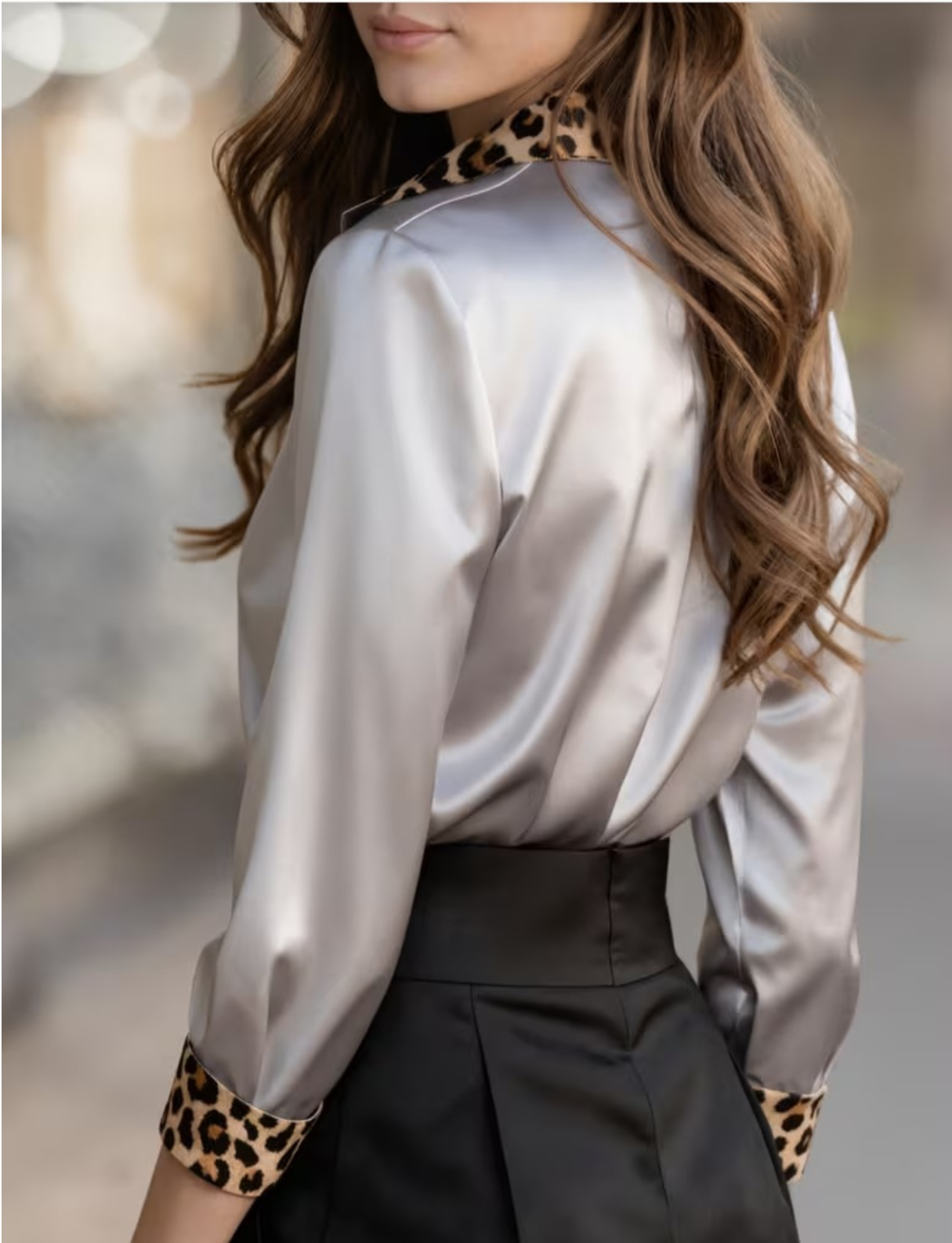 Women's Elegant Satin Color Block Leopard Printing Long Sleeve Shawl Collar Shirt