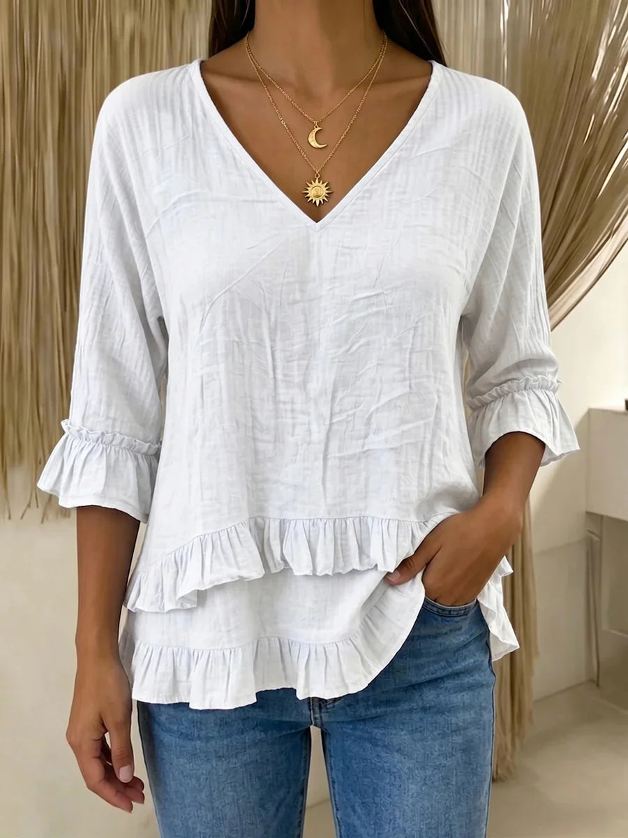 Casual Cotton And Linen V Neck The Quarter Sleeve Ruffle Hem Daily Going Out Casual Top