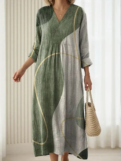 V Neck Boho Loose Linen Blend Dress With No