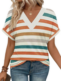 Striped Top Short Sleeve V Neck Casual T-Shirt