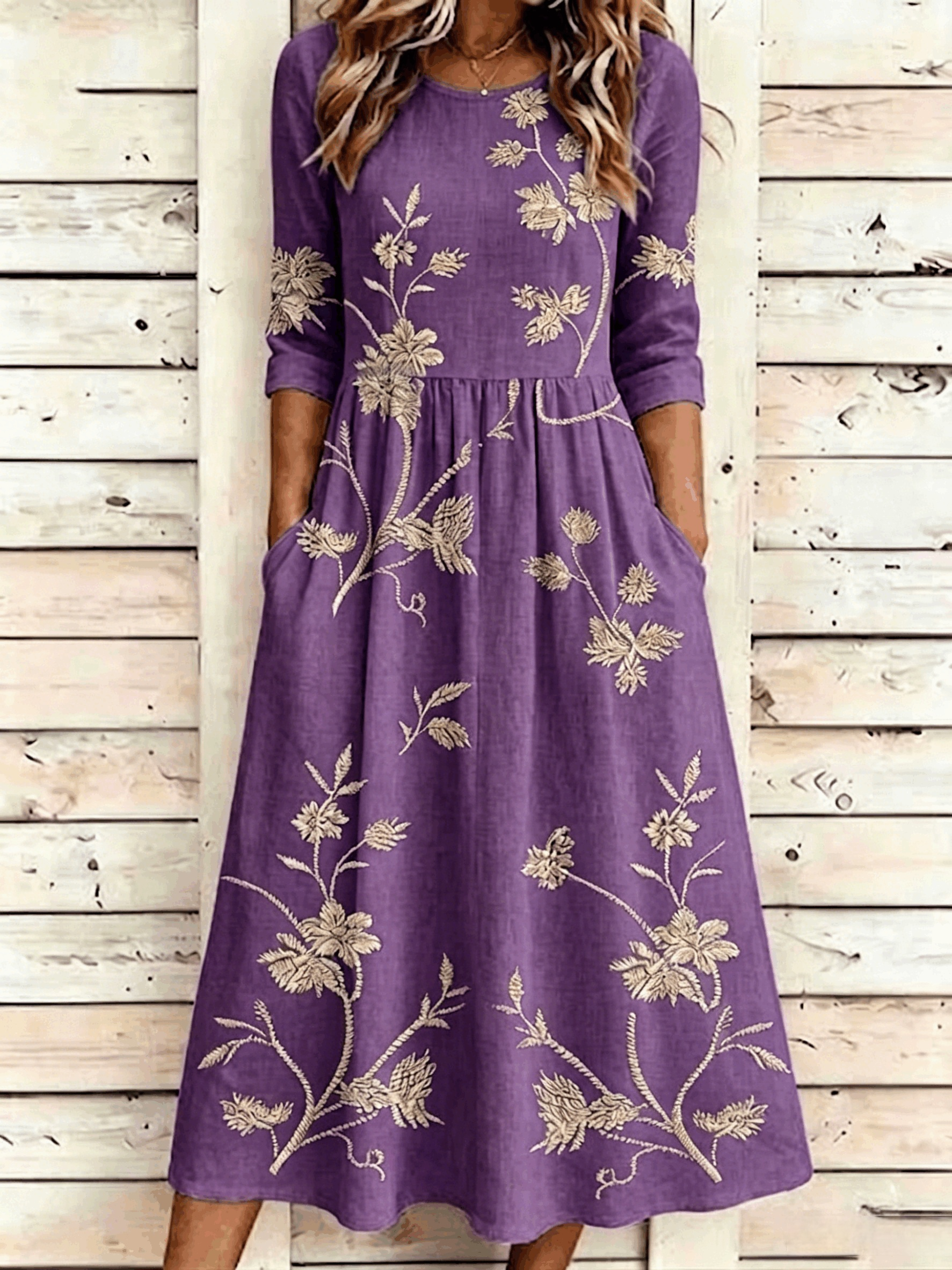 Floral Vintage Crew Neck Printing Dress With No