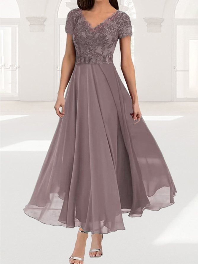 Women's Short Sleeve Summer Plain Lace V Neck Elegant Maxi X-Line Wedding Guest Mother of the Bride Formal Dress