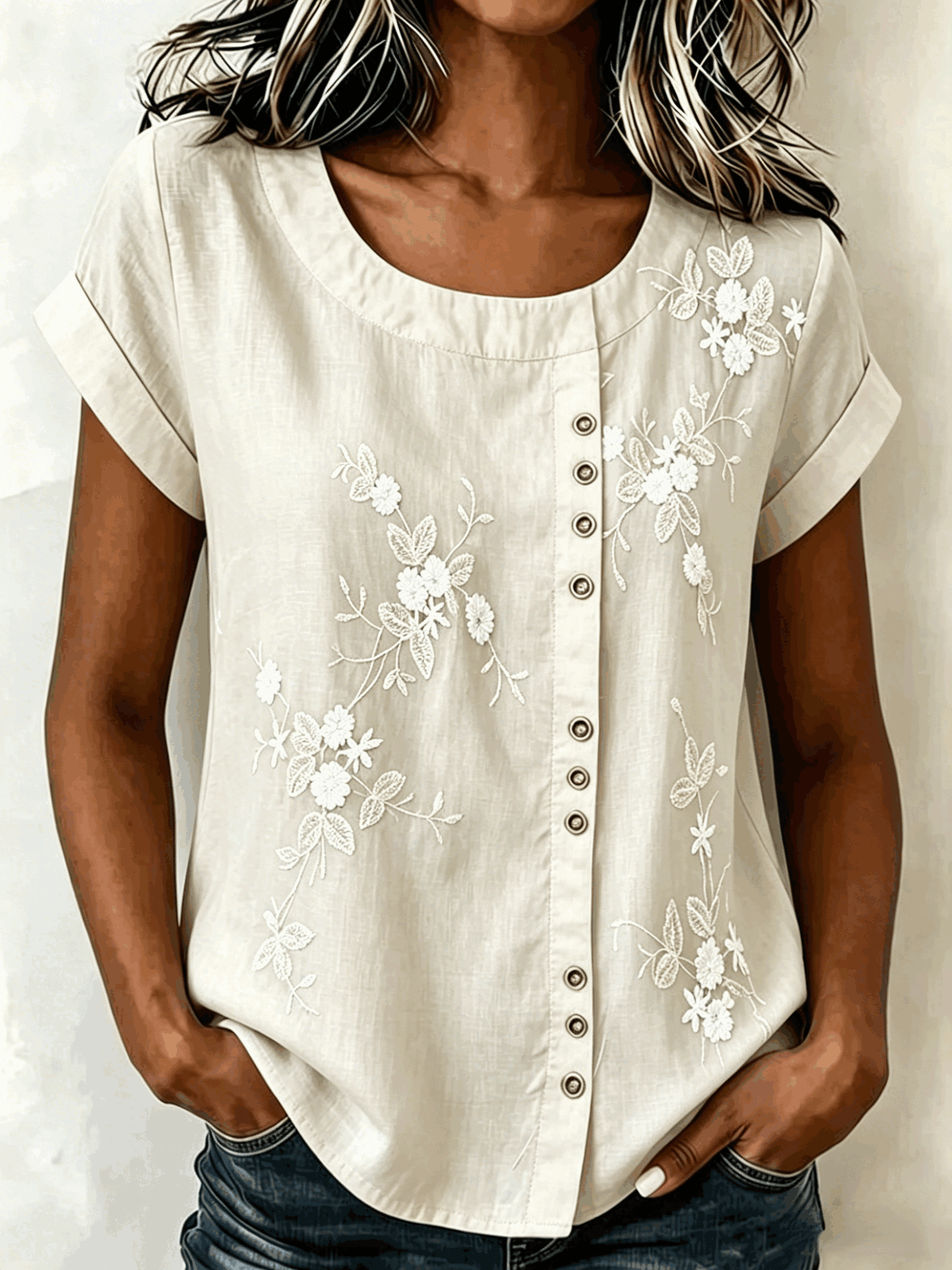Women's 3D Floral Print Blouse Casual Short Sleeve Crew Neck Loose Button Down Shirt
