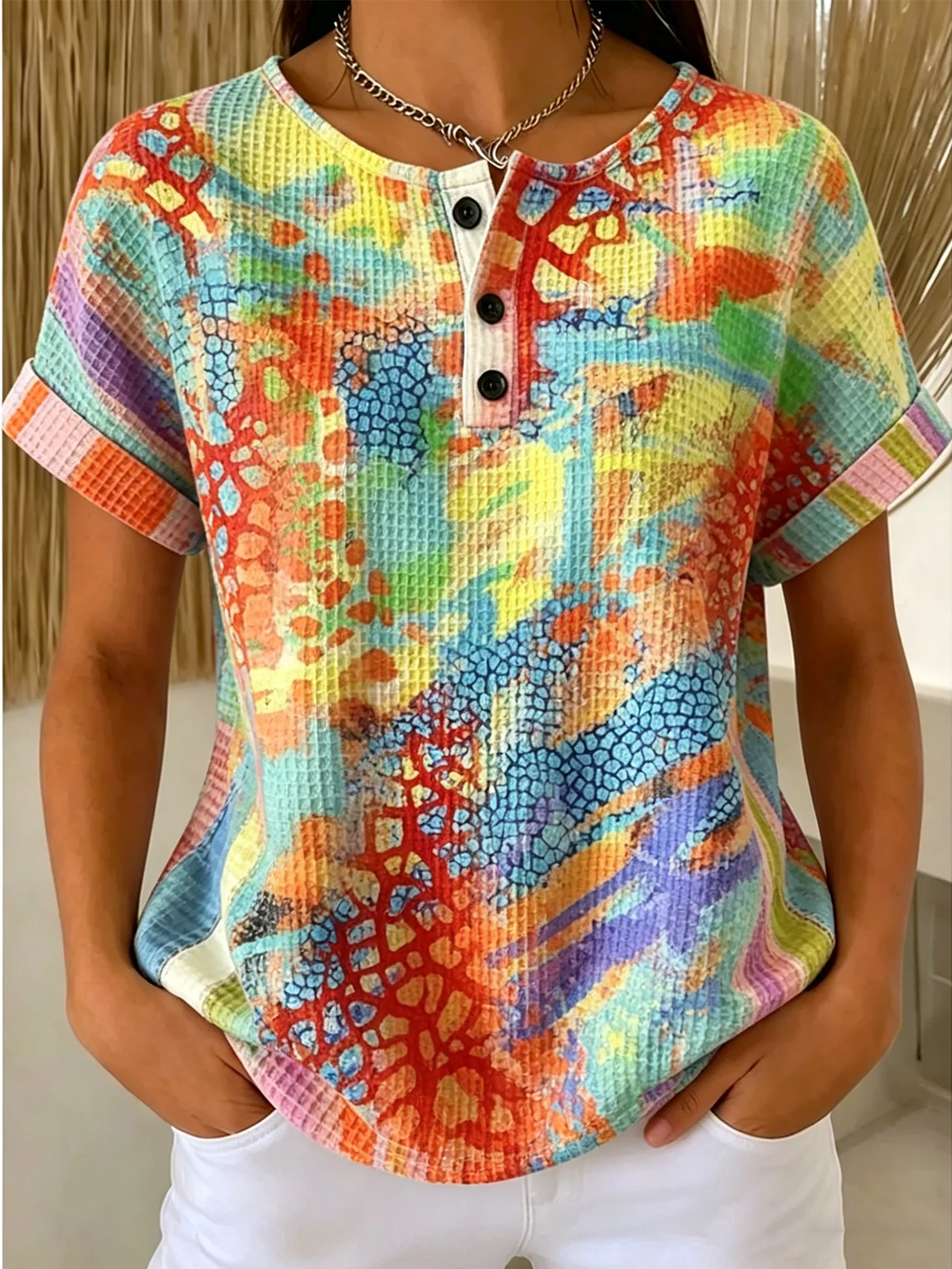 Multicolor Block Loose Others Casual T-Shirt