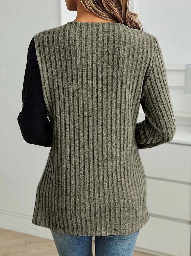 Slim Fit Lace Round Neck Color Matching Ribbed Cross Hem Long Sleeve Knitted Elegant Commuter T-Shirt Top