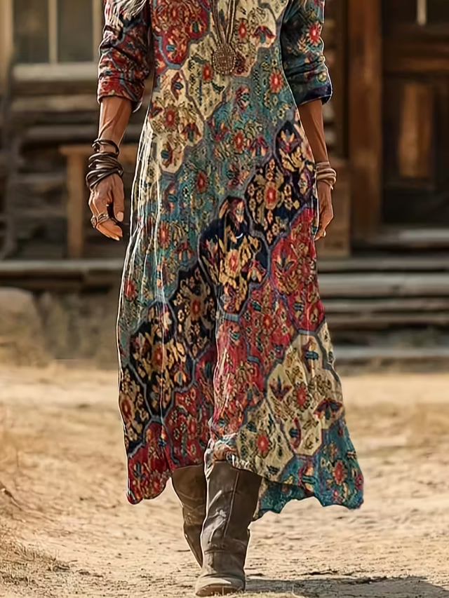 Women's Long Sleeve Spring/Fall As Picture Abstract Printing V Neck Daily Going Out Casual Maxi H-Line Dress