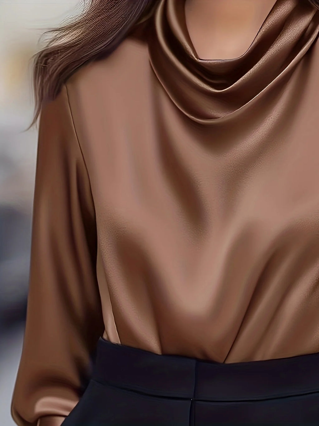 Women's Elegant Satin Long Sleeve Cowl Neck Shirt