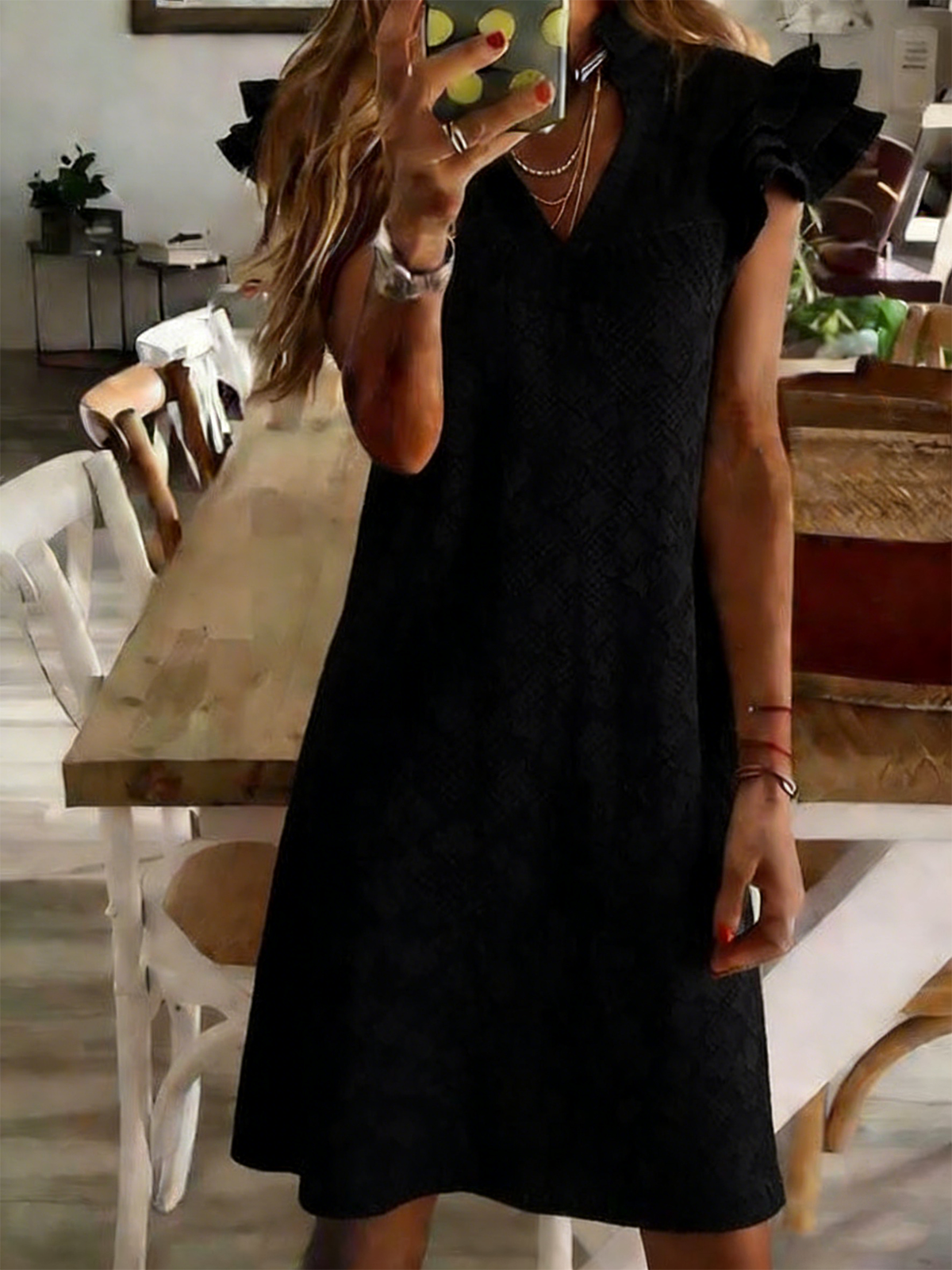 Ruffle Sleeve Plain Vintage Dress With No