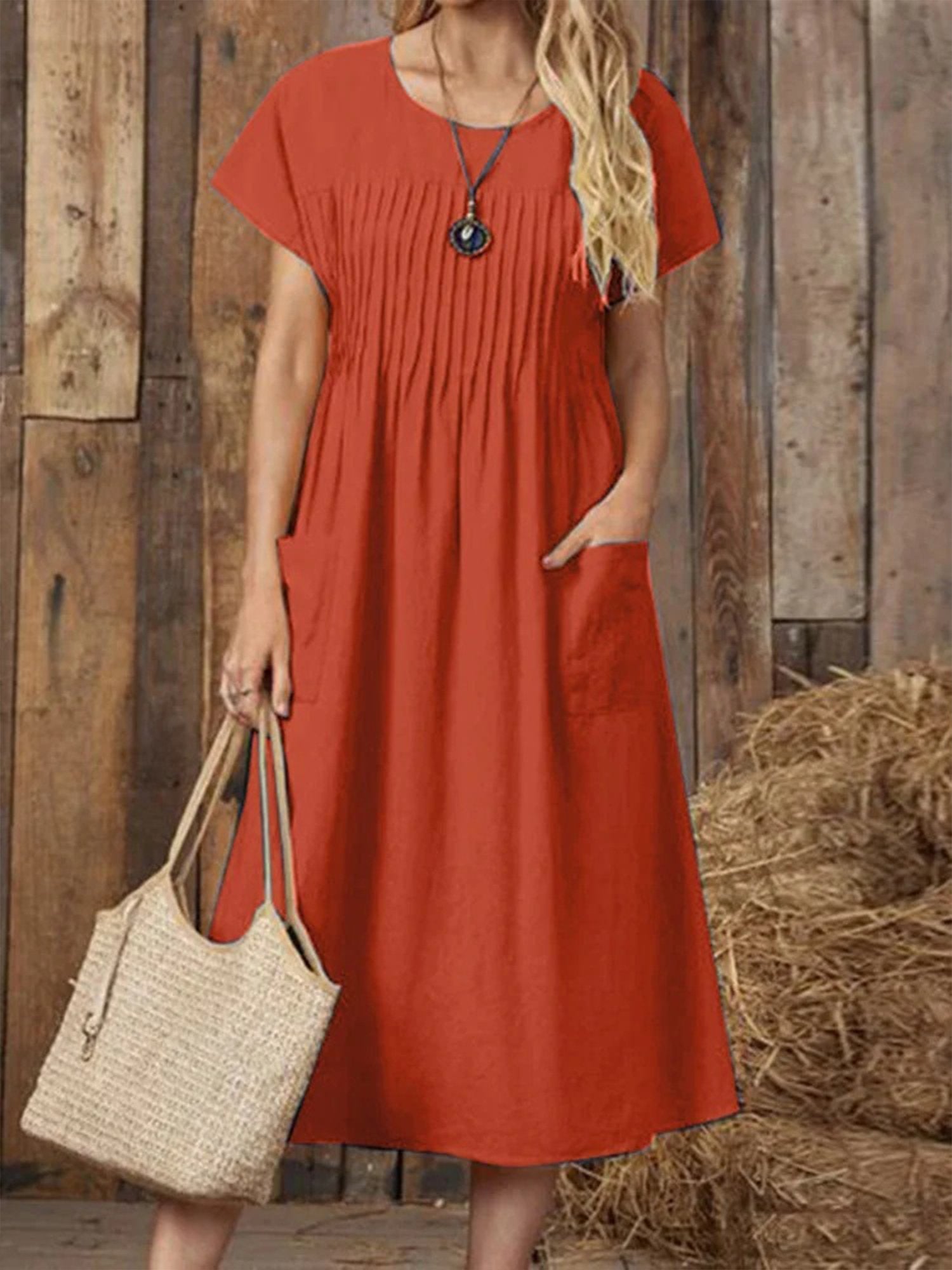 Casual Plain Gathered Crew Neck Midi Dress