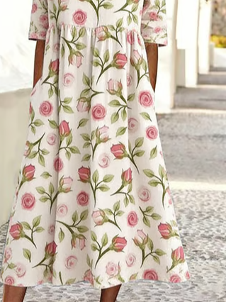 Floral Loose Casual Crew Neck Dress With No