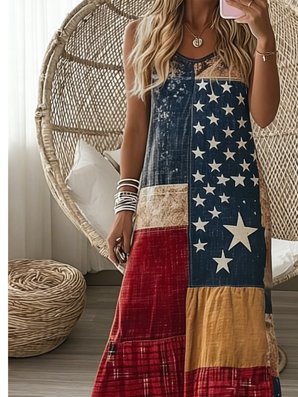 Loose Vintage Independence Day V Neck Dress With No