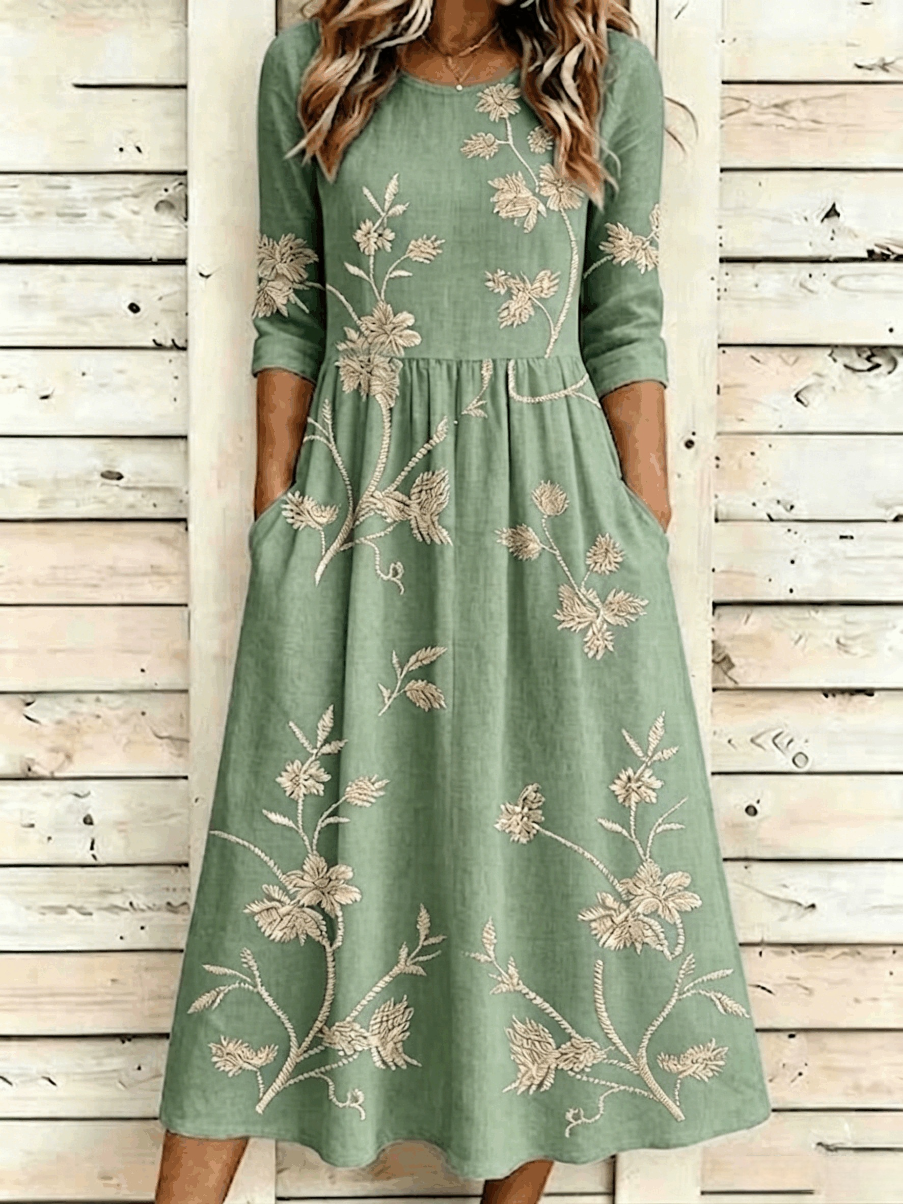 Floral Vintage Crew Neck Printing Dress With No