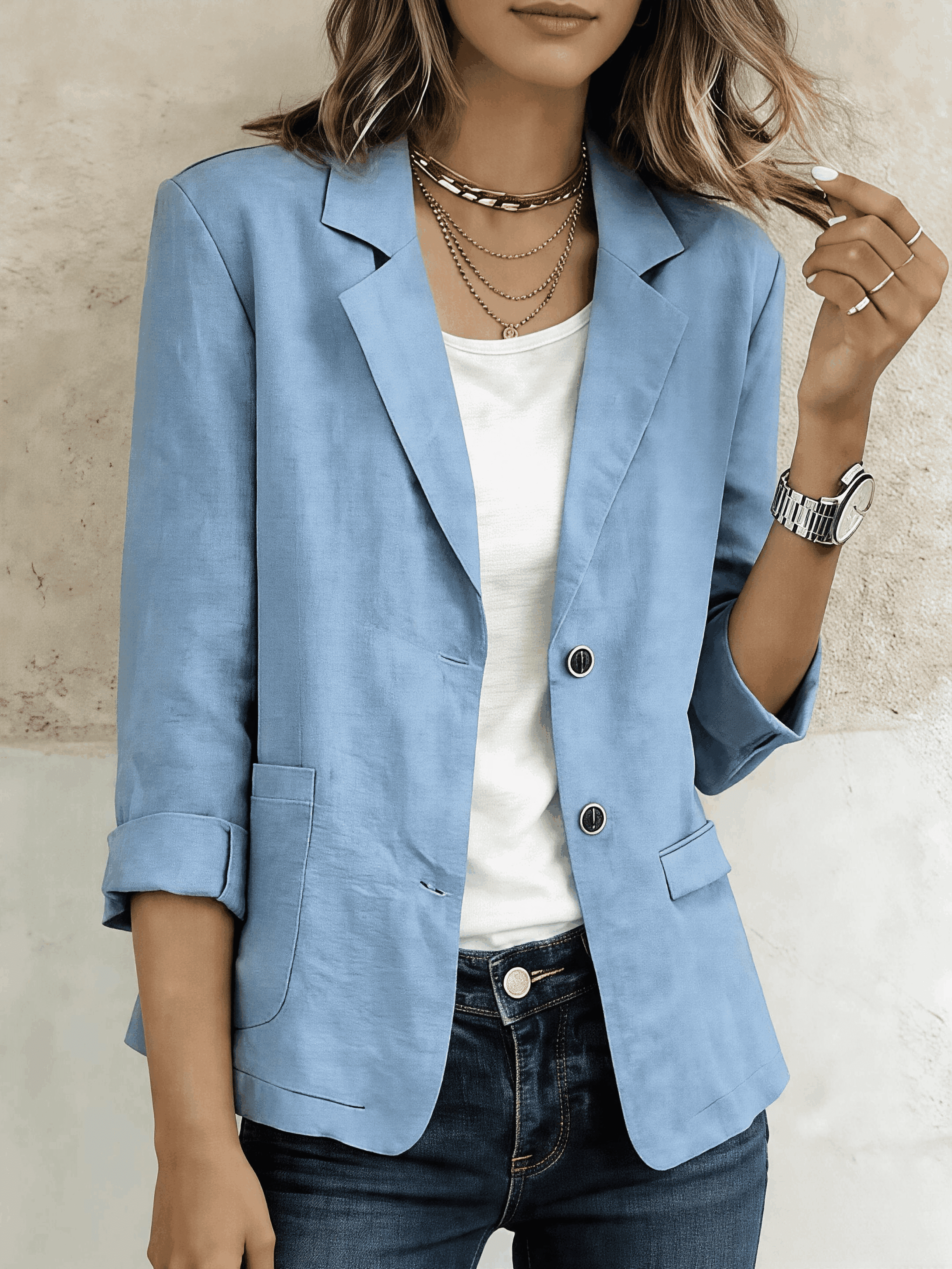 Cotton Linen Long Sleeve Lable Collar Button Pocket Casual Blazer