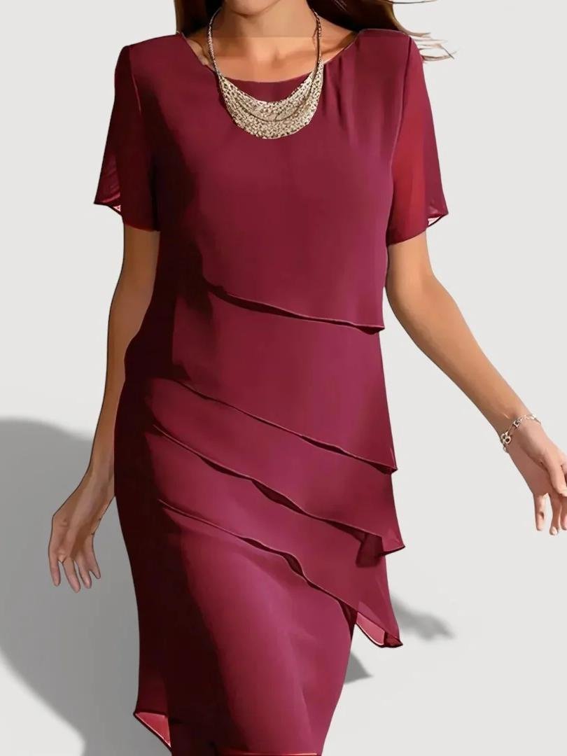 Women’s Dusty Blue Layered Ruffle Sheer Short Sleeve Semi-Formal Chiffon Dress