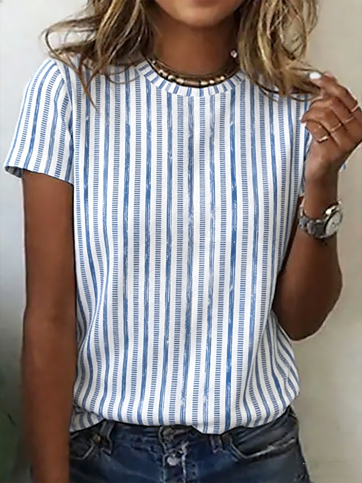 Brushstroke Stripe Print Crew Neck Short Sleeve Casual T-Shirt