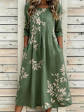 Green Leaf Print 3/4 Sleeve Loose Maxi Dress