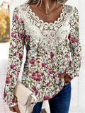 Lace Floral Printing V Neck Casual T-Shirt