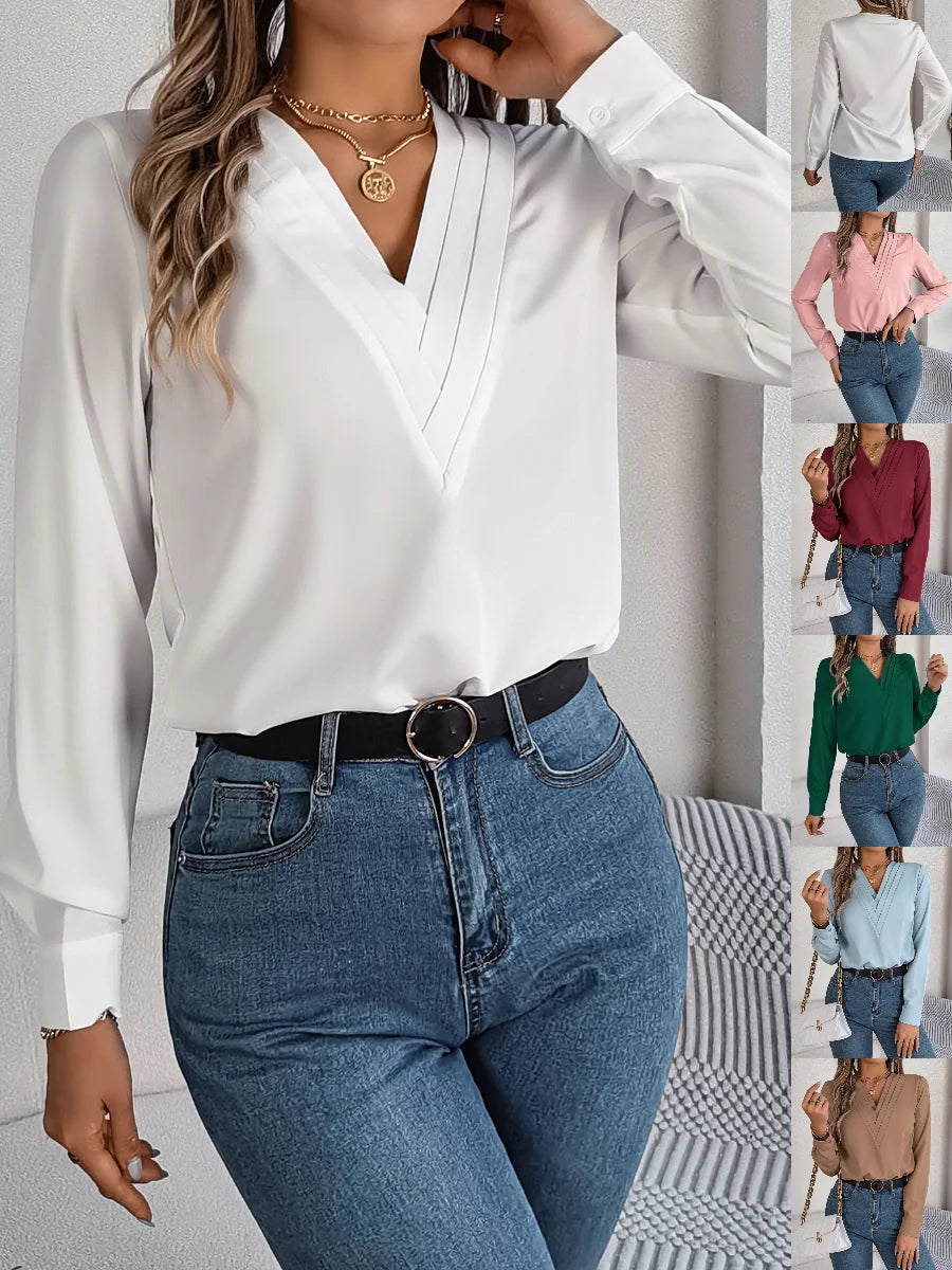 Women's Long Sleeve Shirt Spring/Fall White Plain Split Joint Tencel Fiber V Neck Daily Going Out Casual Top