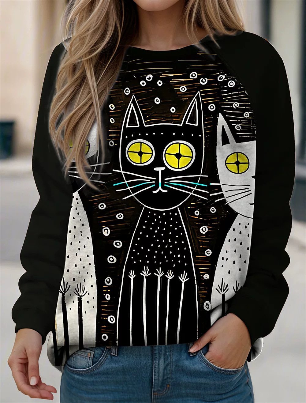 Casual Cat Crew Neck Loose Sweatshirt