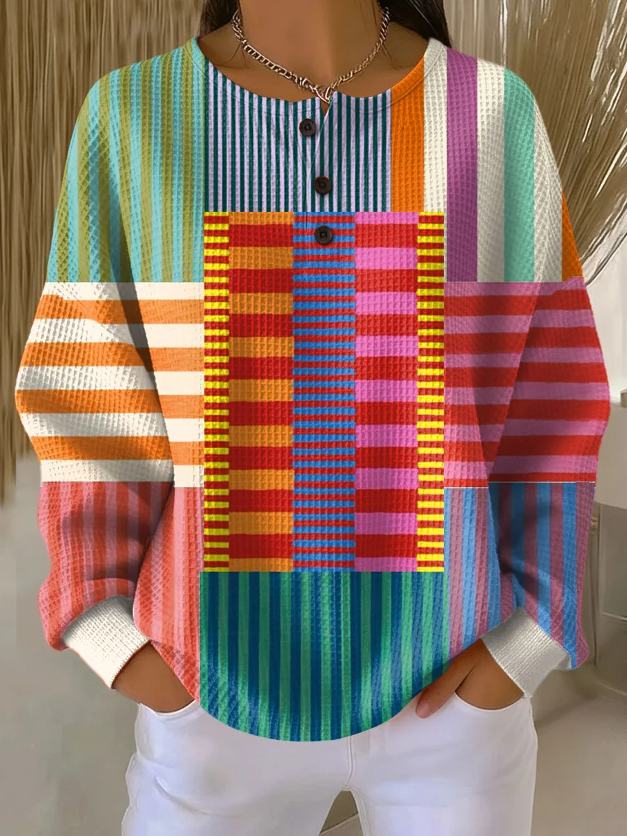 Women's Abstract Print Button-Up Casual Waffle Knit Sweatshirt
