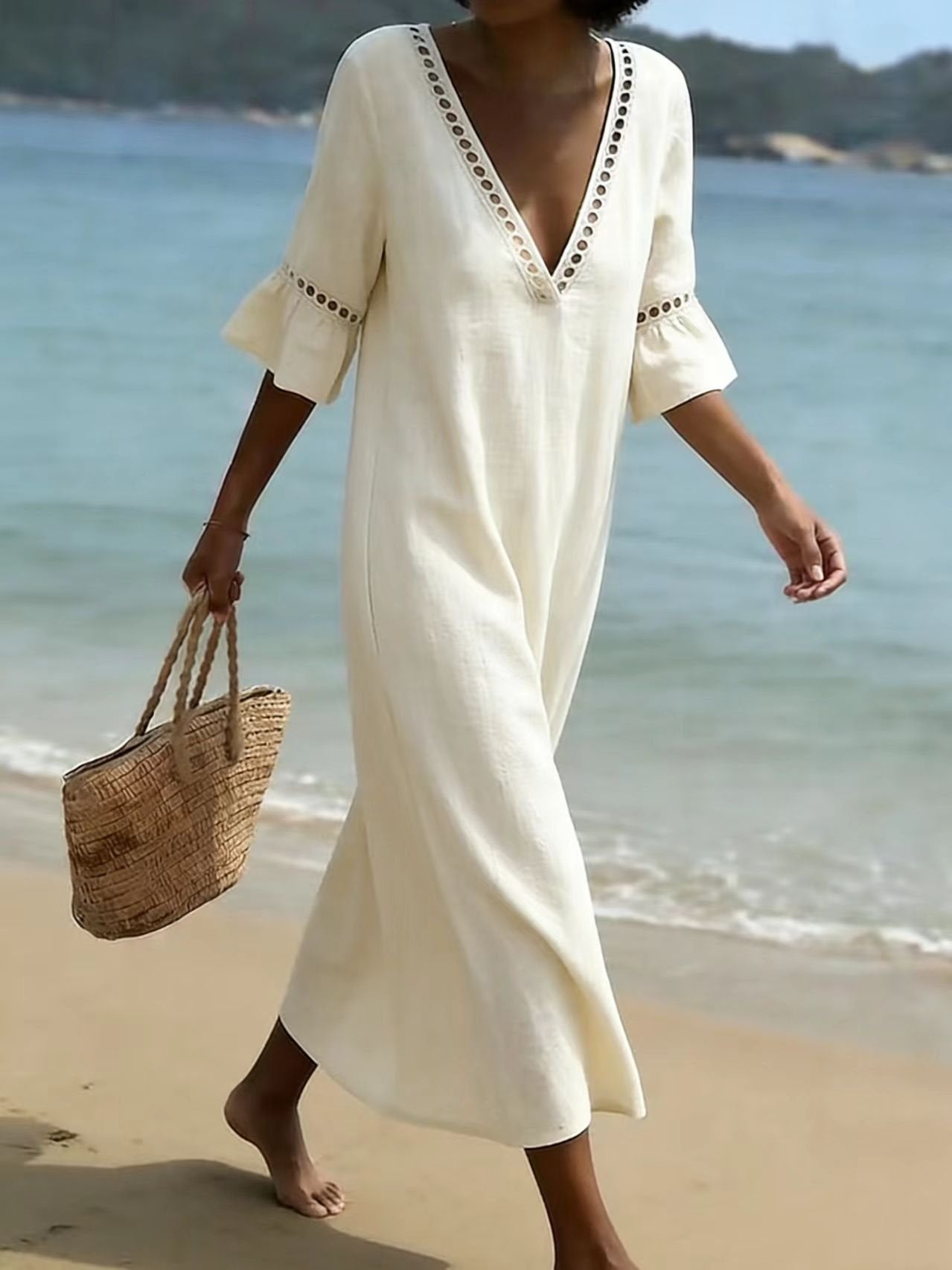 Cotton Simple Plain Loose Dress With No
