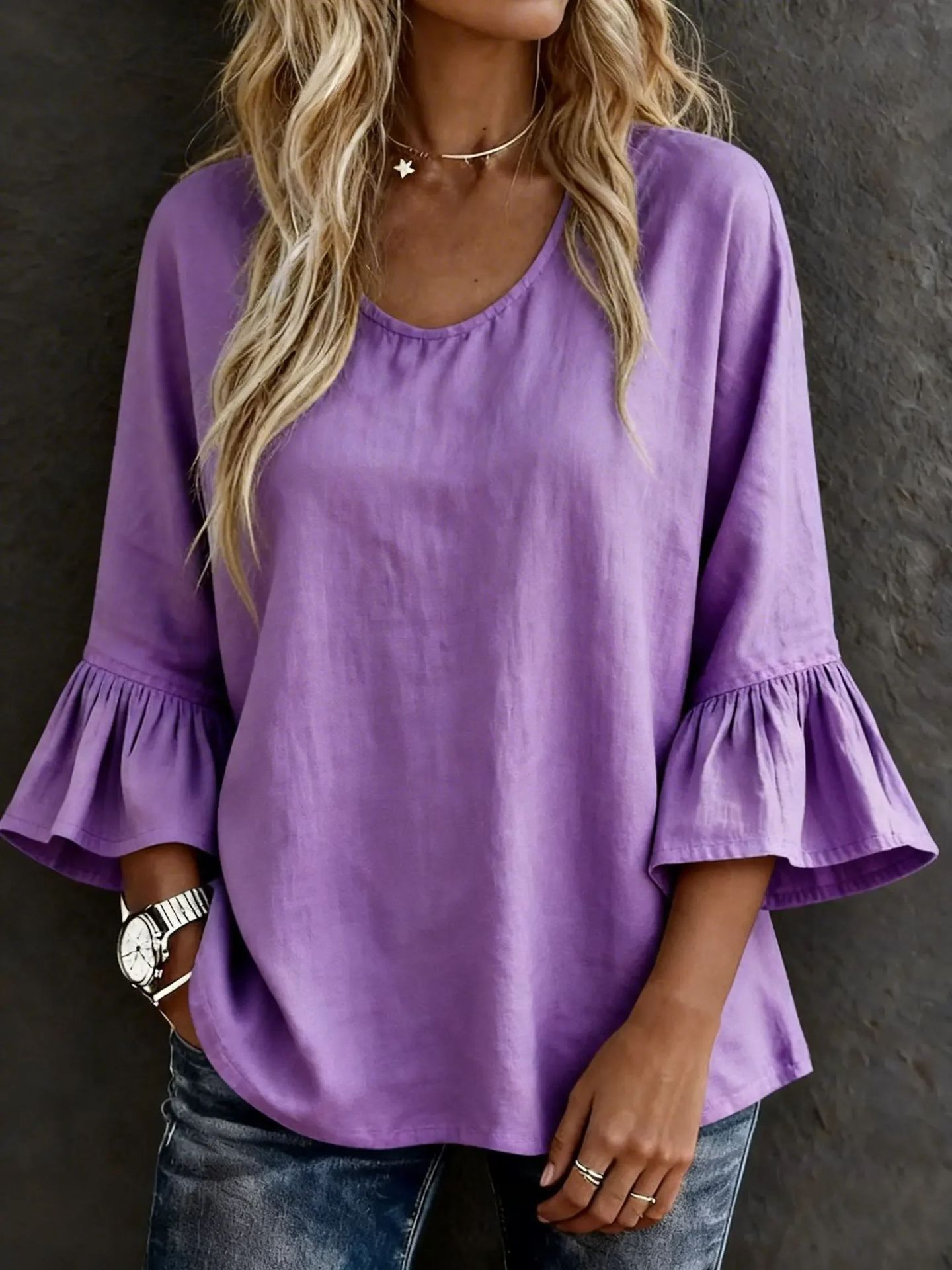 Casual Cotton Blend V Neck The Quarter Sleeve Ruffle Cuff Daily Going Out Casual Top