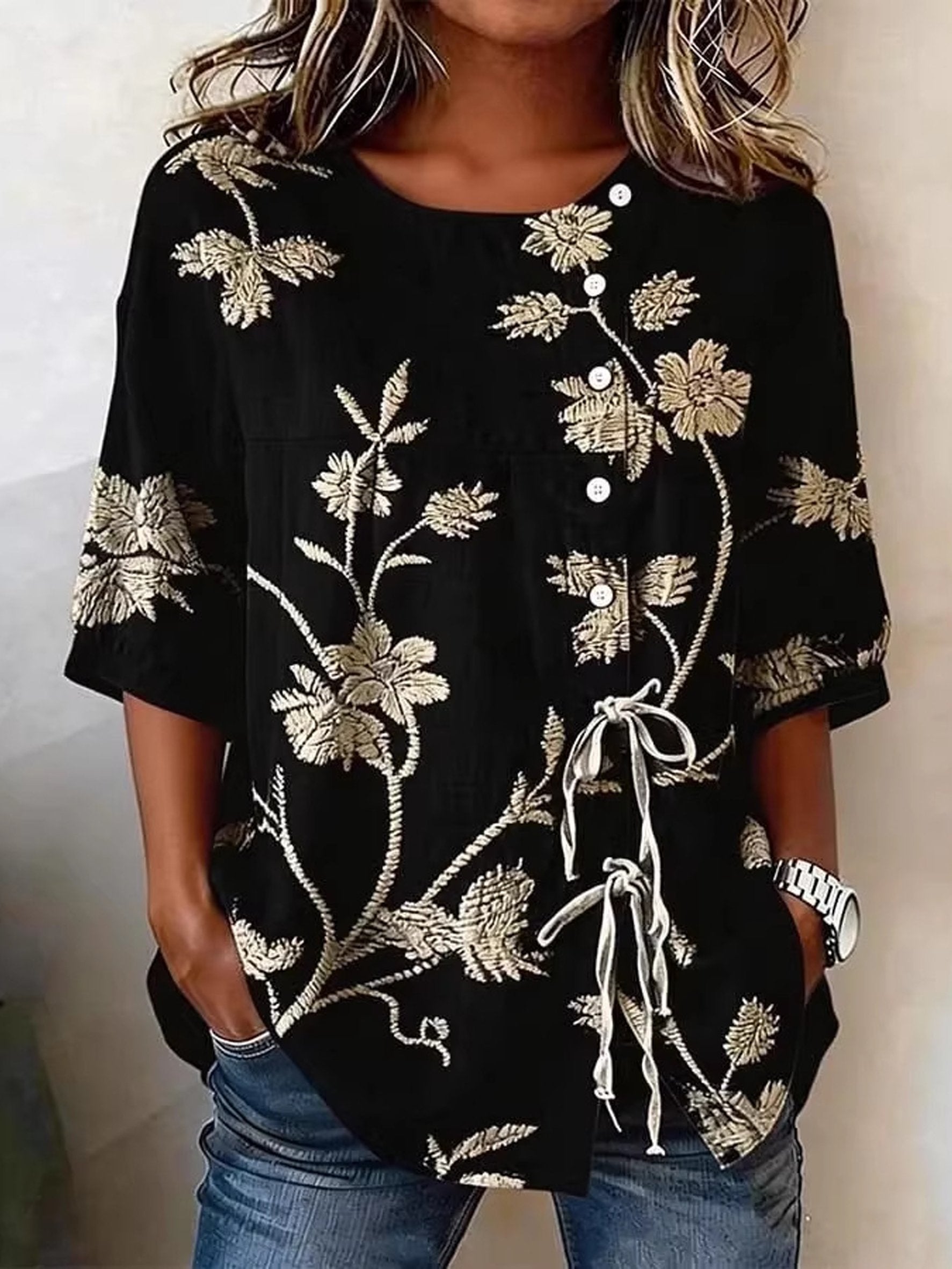 Polyester Cotton Floral Round Neck Short Sleeve Button Drawstring Casual Blouse