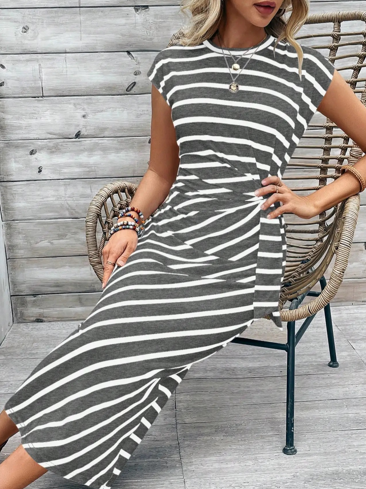 Cotton-Blend Crew Neck Elegant Dress With No