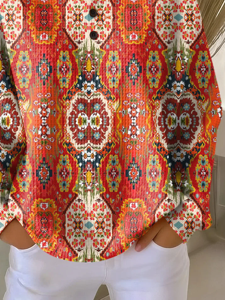 Women's Abstract Print Button-Up Casual Waffle Knit Sweatshirt