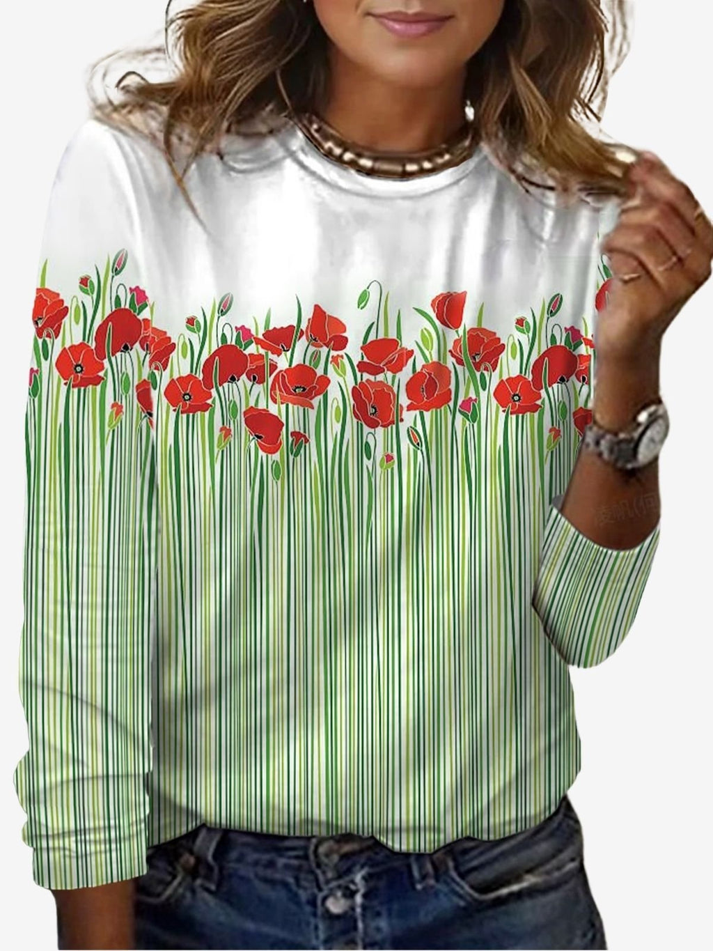 Floral Print Long-Sleeved Crew Neck T-shirt