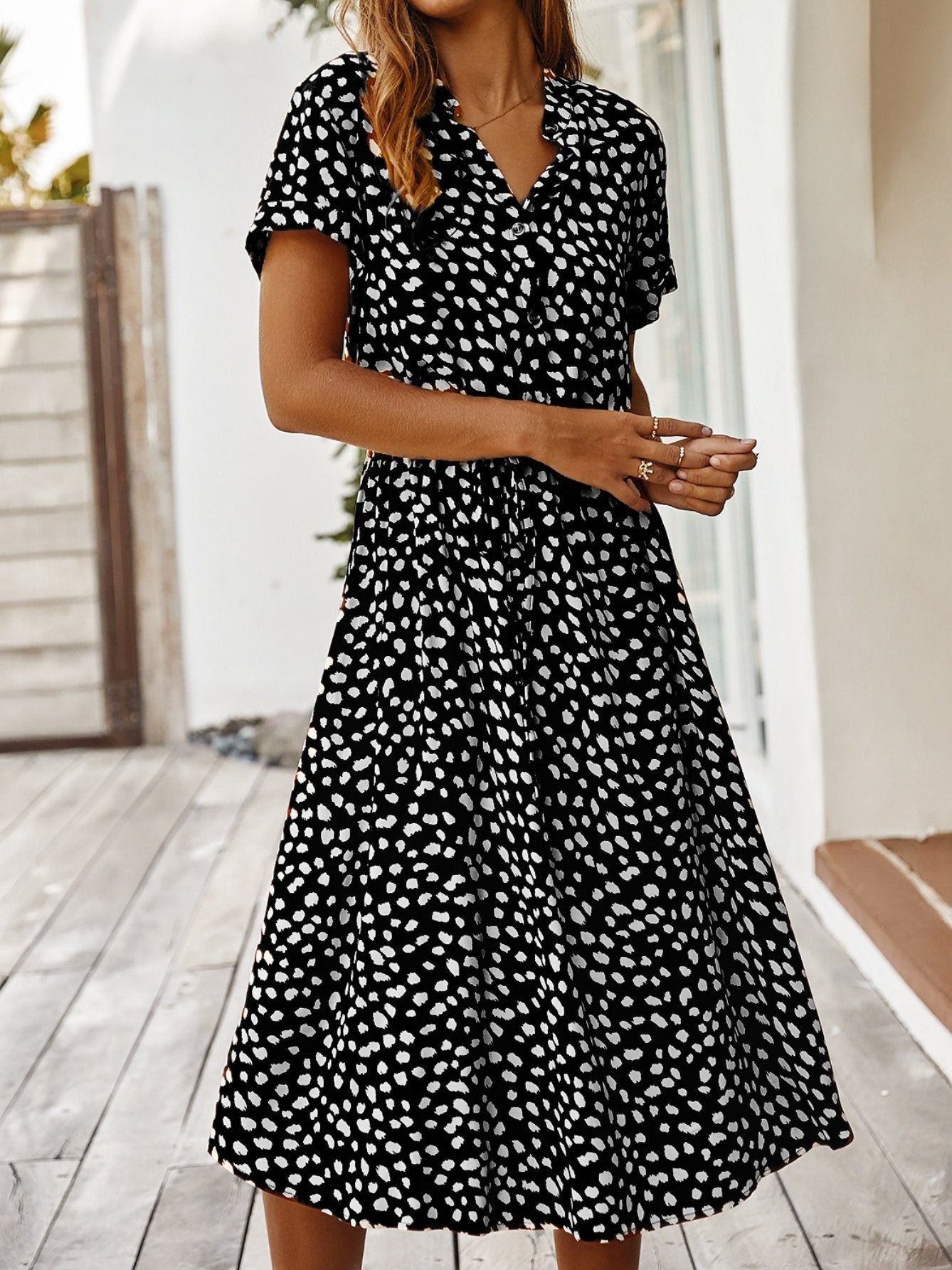 Women's Short Sleeve Summer Blue Polka Dots Split Joint V Neck Daily Going Out Vintage Maxi A-Line T-Shirt Dress Dress