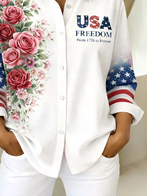 Women's American Flag Floral Casual Shirts
