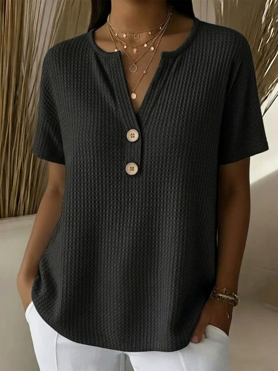 Waffle Plain V Neck Short Sleeve Button Daily Going Out Casual Loose Blouse