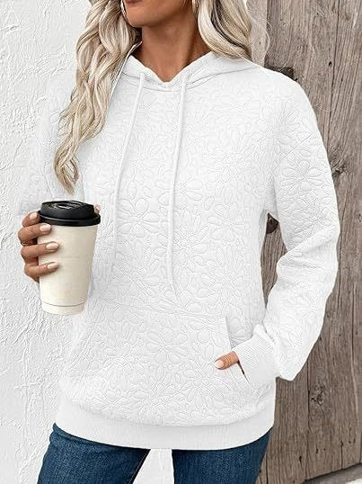 Casual Loose Jacquard Texture Elastic Drawstring Hooded Women's Sweatshirt