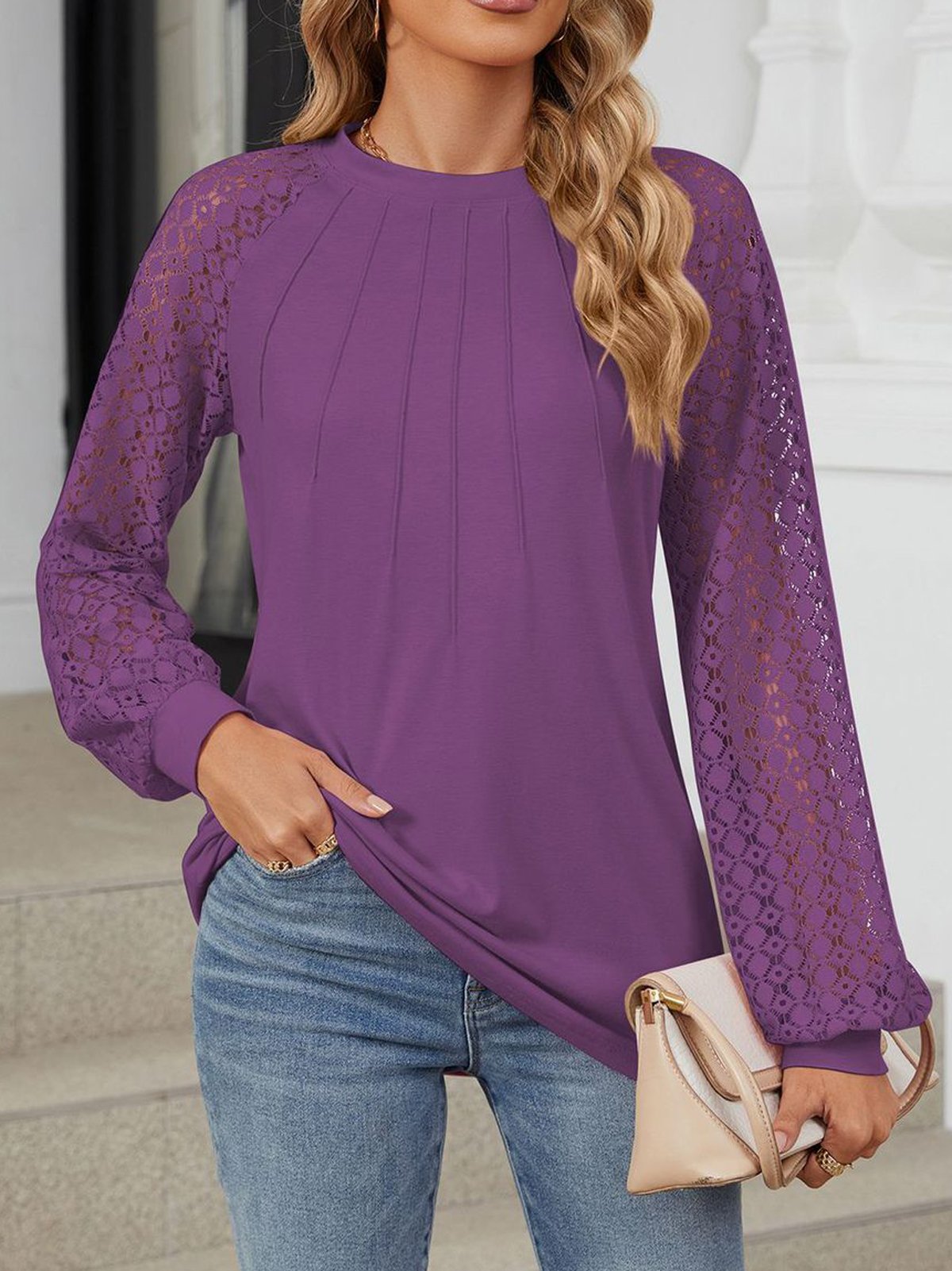 Casual Lace Loose Crew Neck Blouse