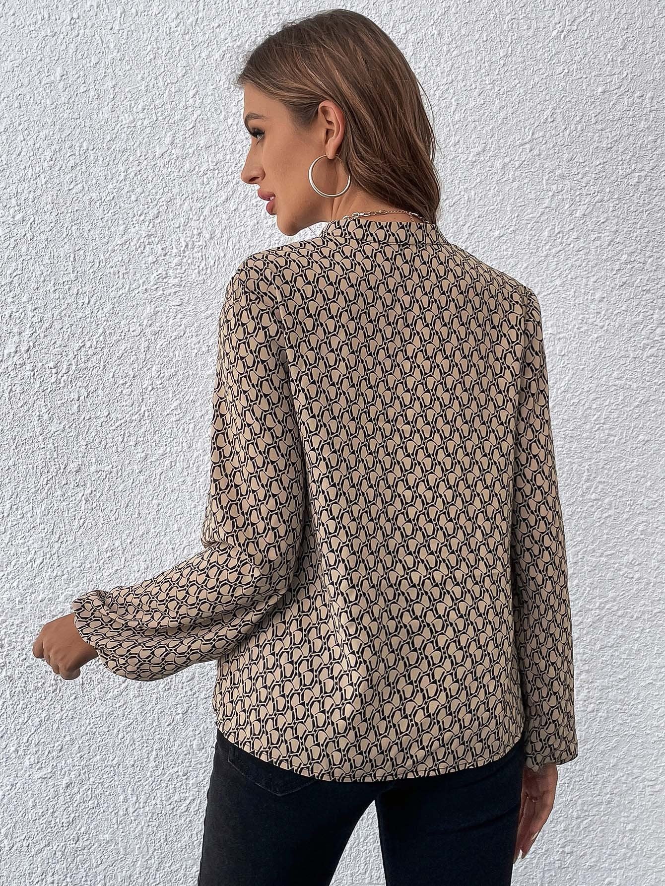 Women's Long Sleeve Shirt Spring/Fall Green Geometric Split Joint V Neck Balloon Sleeve Daily Going Out Casual Top