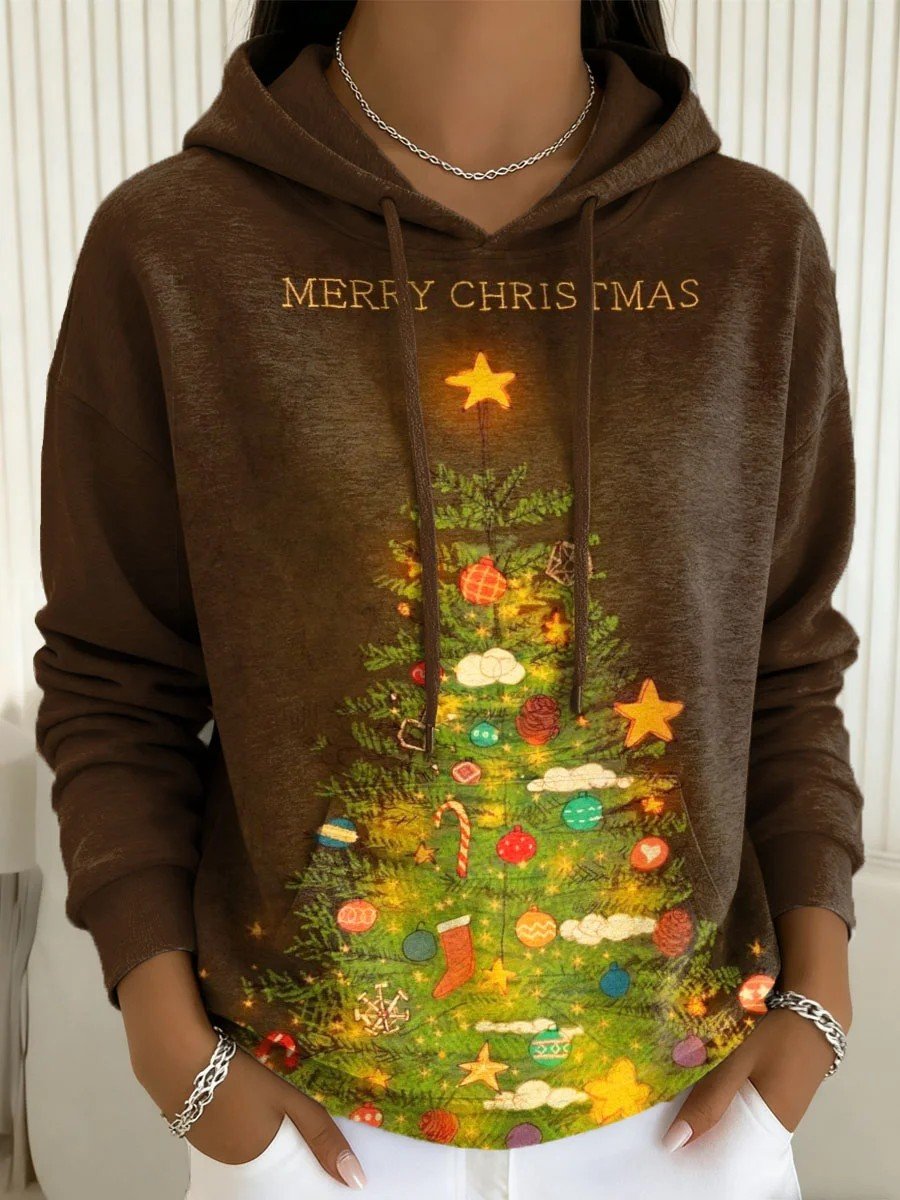 Women's Christmas Tree Print Casual Hooded Sweatshirt