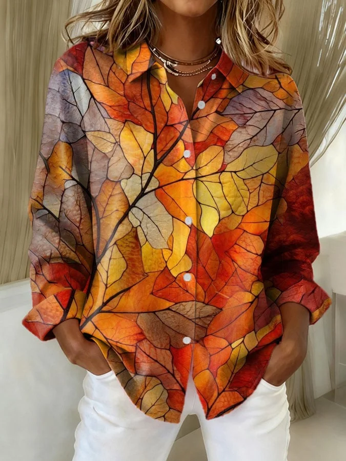 Women's Long Sleeve Shirt Spring/Fall Orange Maple Leaf Buckle Shirt Collar Regular Sleeve Daily Going Out Casual Top