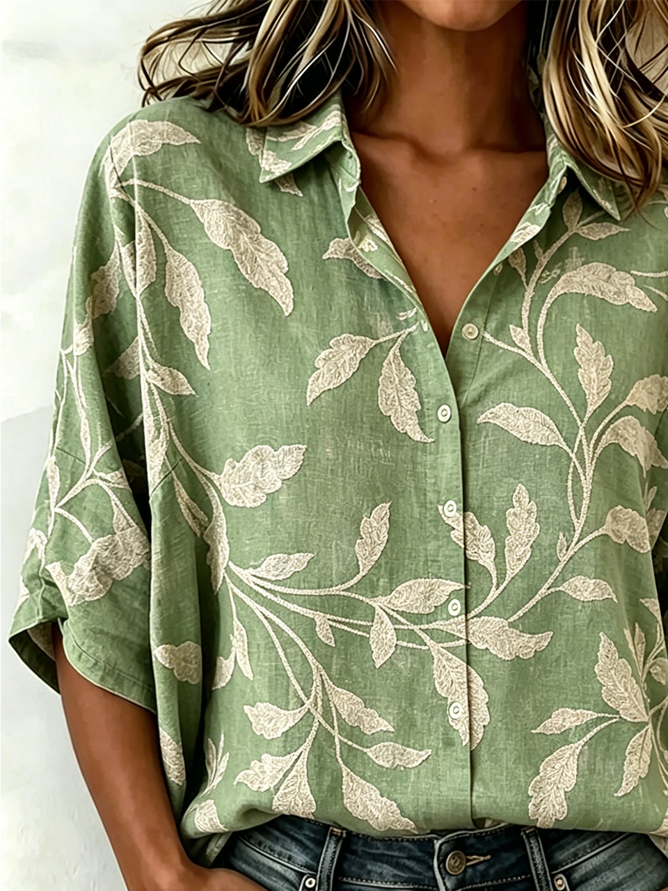 Vintage Cotton And Linen Loose Botanical Pattern Blouse